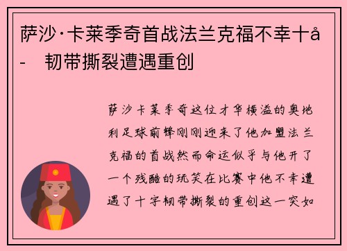萨沙·卡莱季奇首战法兰克福不幸十字韧带撕裂遭遇重创